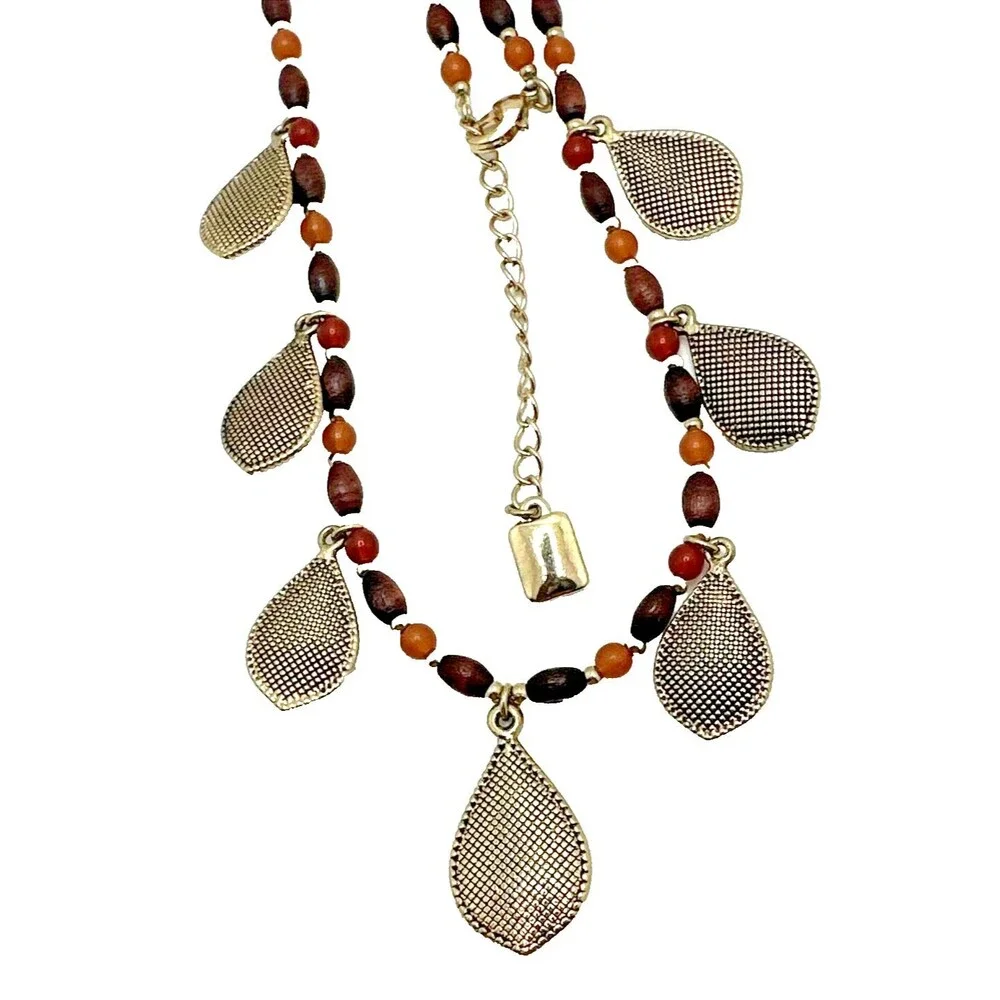 Chaps Necklace Wood Bead Earth Tone Red Dangle Statement Boho 18-20